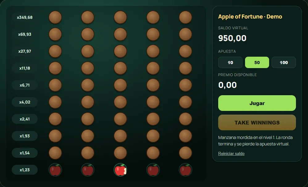 Demo de Apple of Fortune: manzana mordida en el primer nivel